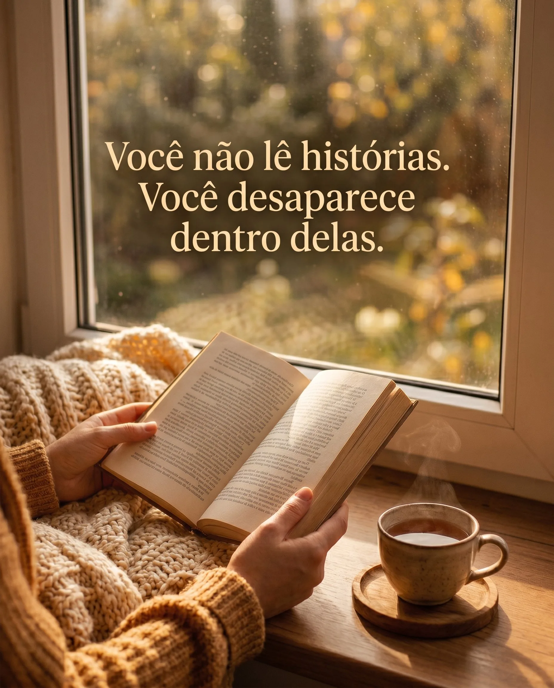 Mãos segurando um livro aberto junto à janela com chá — Você não lê histórias. Você desaparece dentro delas.