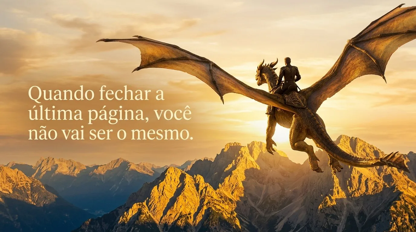 Cavaleira montando um dragão ao pôr do sol sobre montanhas douradas — Quando fechar a última página, você não vai ser o mesmo.